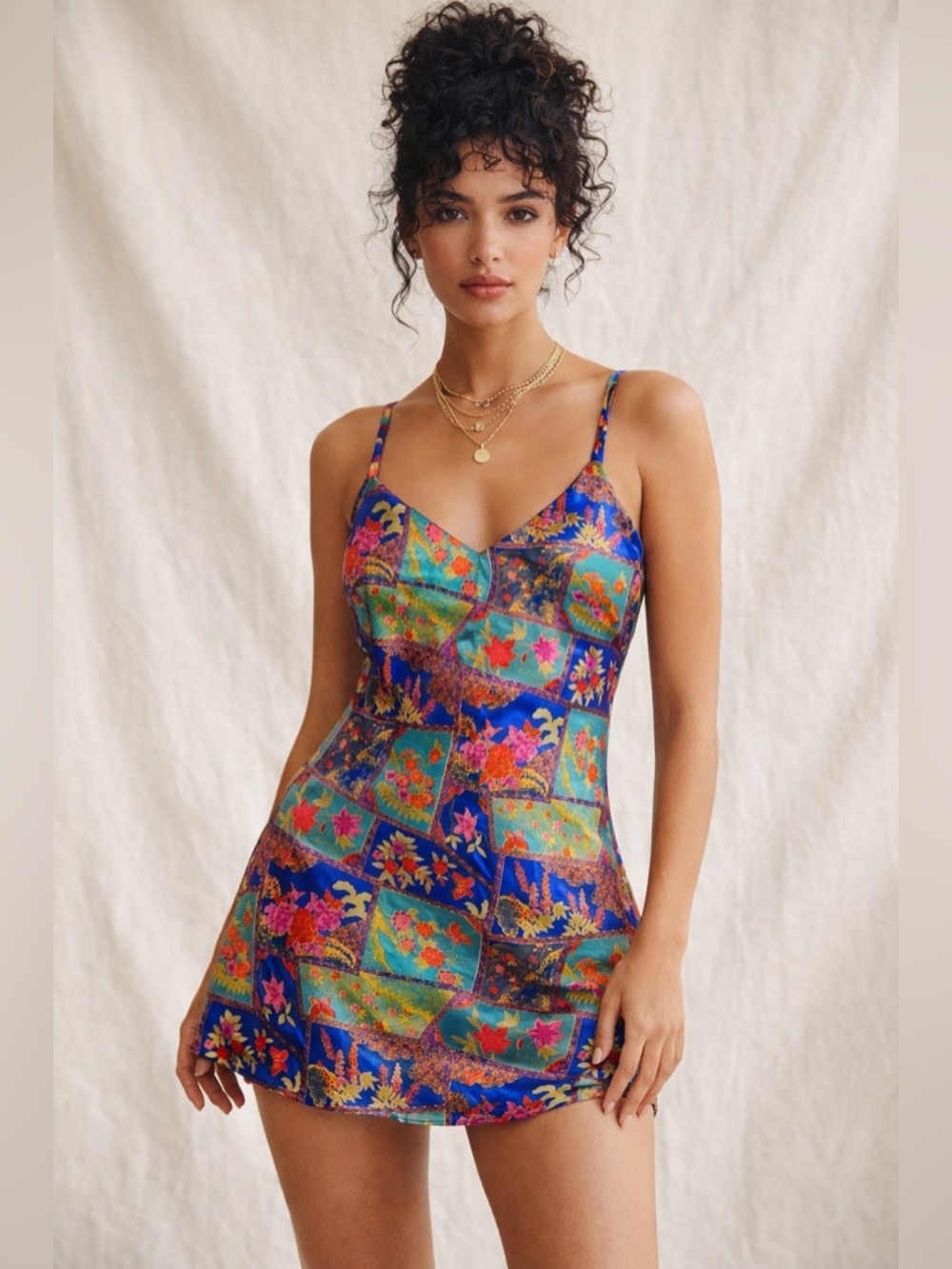 Vintage 90s Fredricks of Hollywood Slip Dress Floral Patchwork Print Y2K